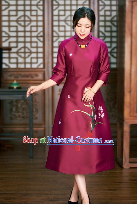 Traditional Chinese Graceful Embroidered Lotus Wine Red Cheongsam Tang Suit Silk Qipao Dress for Women