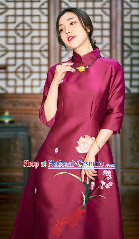 Traditional Chinese Graceful Embroidered Lotus Wine Red Cheongsam Tang Suit Silk Qipao Dress for Women