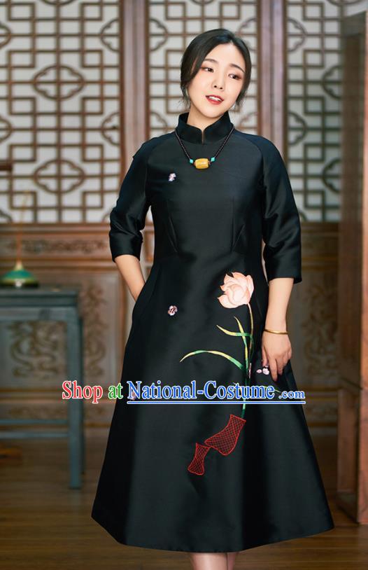 Traditional Chinese Graceful Embroidered Lotus Black Cheongsam Tang Suit Silk Qipao Dress for Women