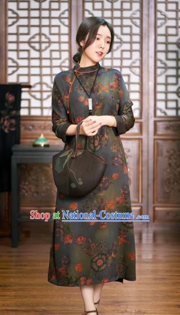 Traditional Chinese National Graceful Deep Grey Cheongsam Tang Suit Silk Qipao Dress for Women