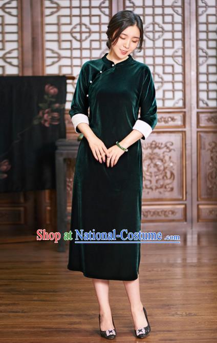 Traditional Chinese National Graceful Green Velvet Cheongsam Tang Suit Qipao Dress for Women