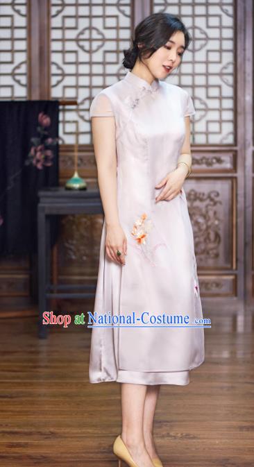 Traditional Chinese National Graceful Embroidered White Silk Cheongsam Tang Suit Qipao Dress for Women