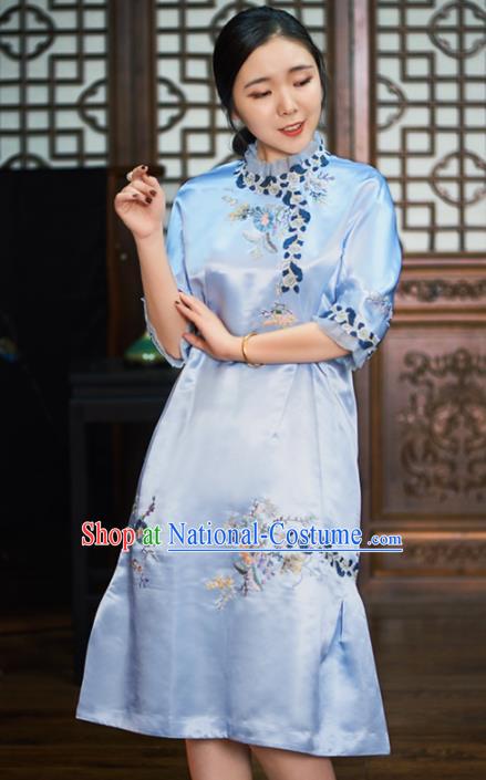 Traditional Chinese National Graceful Embroidered Light Blue Silk Cheongsam Tang Suit Qipao Dress for Women