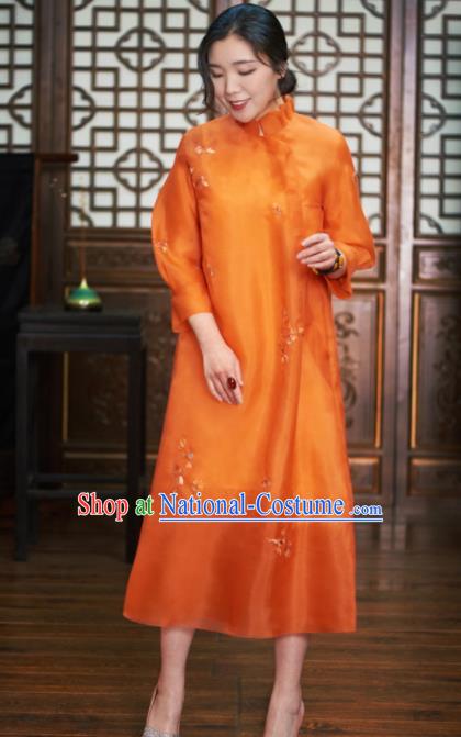 Traditional Chinese National Graceful Embroidered Orange Silk Cheongsam Tang Suit Qipao Dress for Women