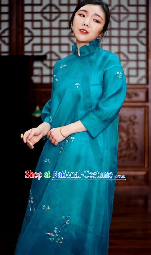 Traditional Chinese National Graceful Embroidered Blue Organza Cheongsam Tang Suit Qipao Dress for Women