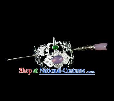 Chinese Drama Argent Hair Crown and Purple Magnolia Hairpin Ancient Swordsman Hair Accessories for Men