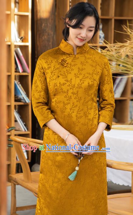 Traditional Chinese National Graceful Silk Cheongsam Tang Suit Golden Qipao Dress for Women