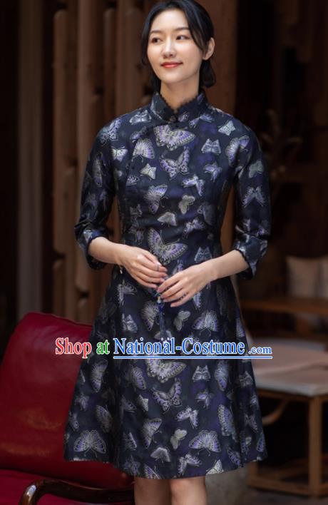 Traditional Chinese National Graceful Printing Butterfly Navy Silk Cheongsam Tang Suit Qipao Dress for Women