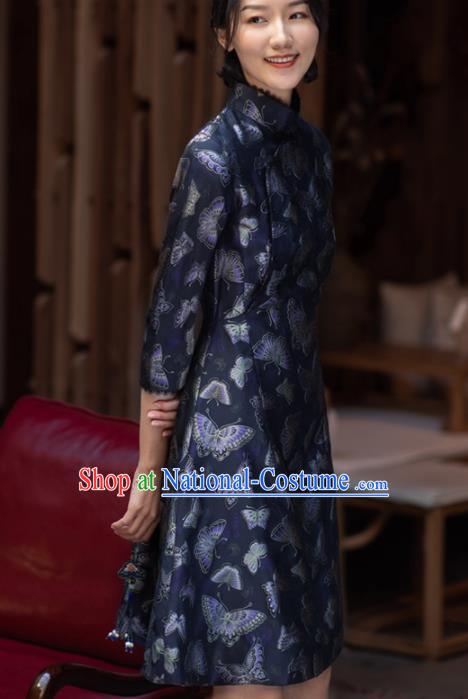 Traditional Chinese National Graceful Printing Butterfly Navy Silk Cheongsam Tang Suit Qipao Dress for Women