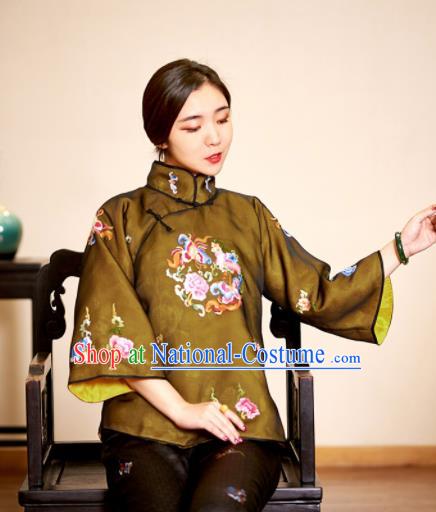 Top Grade Traditional Chinese Embroidered Brown Blouse Qipao Upper Outer Garment for Women