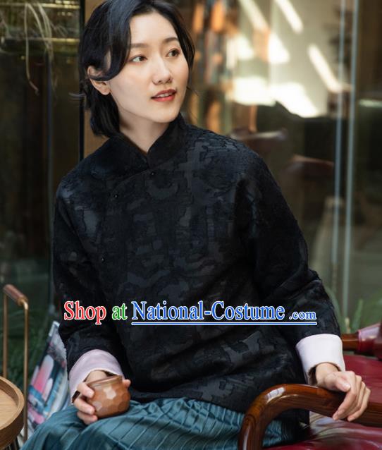 Top Grade Traditional Chinese National Black Cotton Wadded Coat Tang Suit Silk Upper Outer Garment for Women