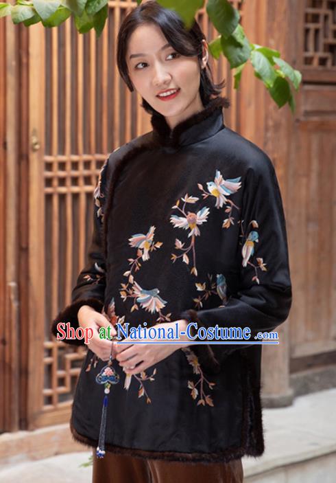 Top Grade Traditional Chinese National Embroidered Black Cotton Wadded Coat Tang Suit Silk Upper Outer Garment for Women