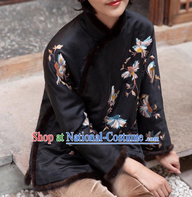 Top Grade Traditional Chinese National Embroidered Black Cotton Wadded Coat Tang Suit Silk Upper Outer Garment for Women