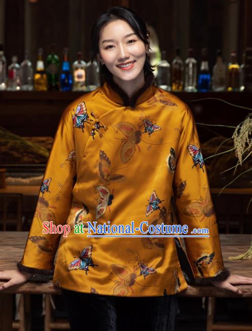 Top Grade Traditional Chinese National Printing Butterfly Golden Cotton Wadded Jacket Tang Suit Silk Upper Outer Garment for Women