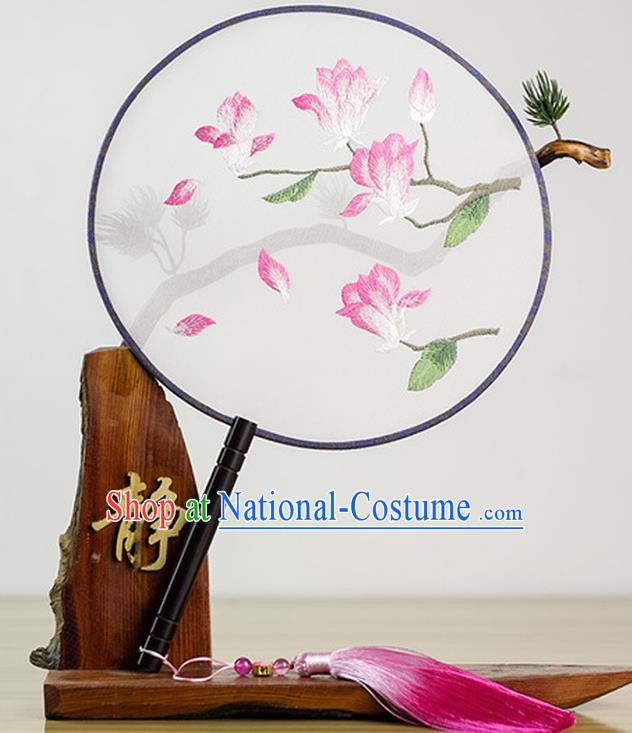 Chinese Traditional Embroidered Mangnolia Round Fan Classical Palace Fans for Women