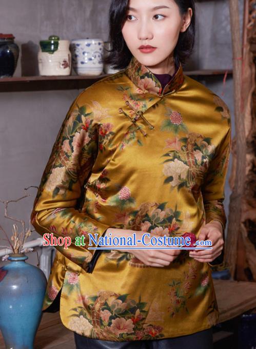 Top Grade Traditional Chinese National Printing Golden Silk Jacket Tang Suit Upper Outer Garment for Women