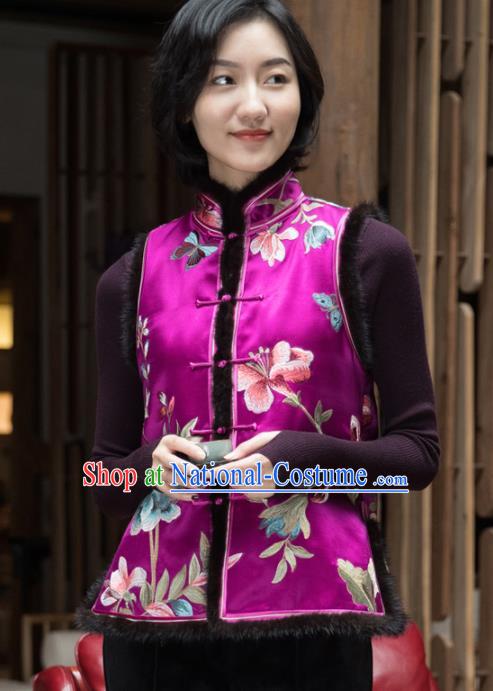 Top Grade Traditional Chinese Embroidered Purple Silk Vest Tang Suit Upper Outer Garment for Women