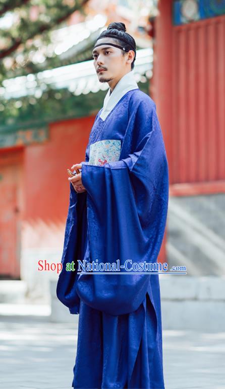 Chinese Ancient Official Blue Gown Traditional Ming Dynasty Minister Costumes for Men