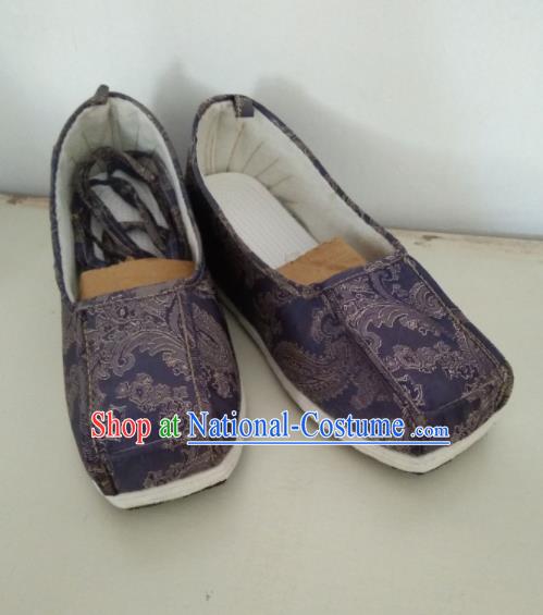 Chinese Kung Fu Shoes Deep Purple Brocade Shoes Traditional Hanfu Shoes Opera Shoes for Men