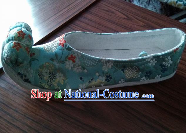 Chinese Traditional Blue Brocade Bow Shoes Opera Shoes Hanfu Shoes Ancient Princess Shoes for Women