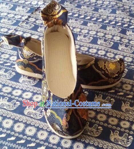 Chinese Traditional Navy Brocade Bow Shoes Opera Shoes Hanfu Shoes Ancient Princess Shoes for Women