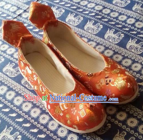 Chinese Traditional Handmade Orange Brocade Bow Shoes Opera Shoes Hanfu Shoes Ancient Princess Shoes for Women