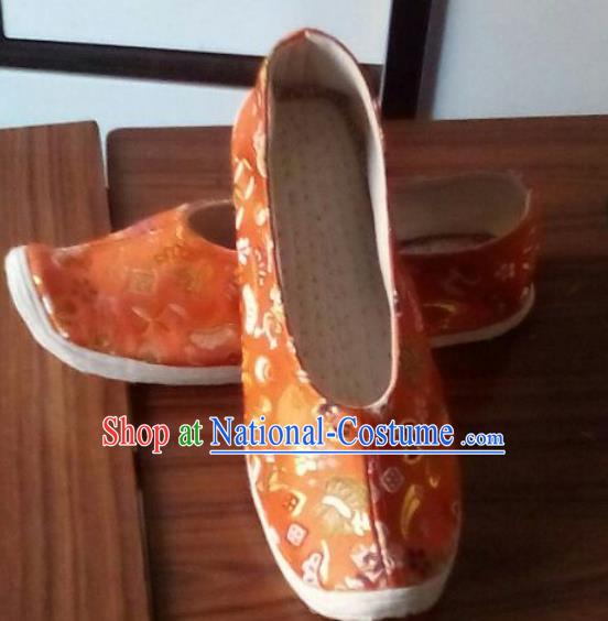 Chinese Traditional Handmade Orange Brocade Shoes Opera Shoes Hanfu Shoes Ancient Princess Shoes for Women