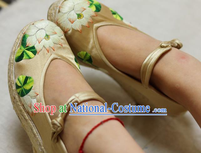 Chinese Traditional Embroidered Lotus Beige Brocade Wedge Heel Shoes Hanfu Shoes for Women