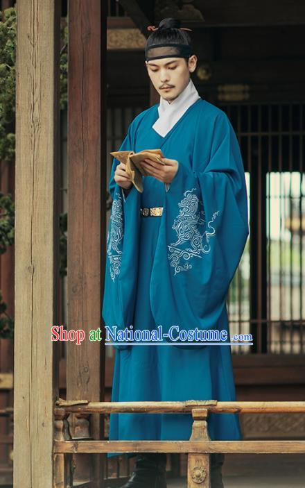 Chinese Ancient Taoist Priest Blue Robe Traditional Ming Dynasty Scholar Costumes for Men