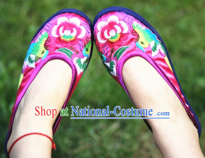 Chinese Traditional National Embroidered Mandarin Duck Peony Rosy Slippers Hanfu Shoes for Women