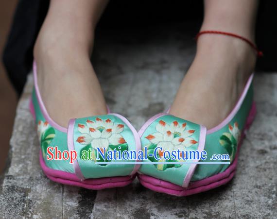 Chinese Handmade Embroidered Lotus Green Shoes Hanfu Shoes Traditional National Shoes for Women