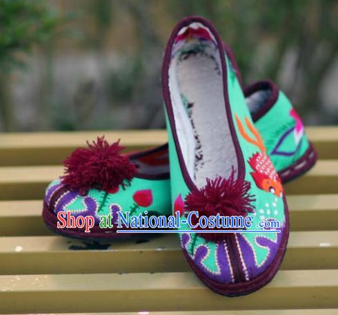 Chinese Handmade Embroidered Green Cloth Shoes Hanfu Shoes Traditional National Shoes for Women