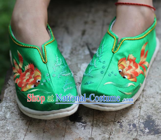 Chinese Handmade Embroidered Goldfish Green Shoes Hanfu Shoes Traditional National Shoes for Women