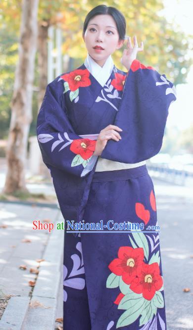 Japanese Cosplay Geisha Deep Blue Kimono Dress Traditional Ancient Courtesan Costume for Women