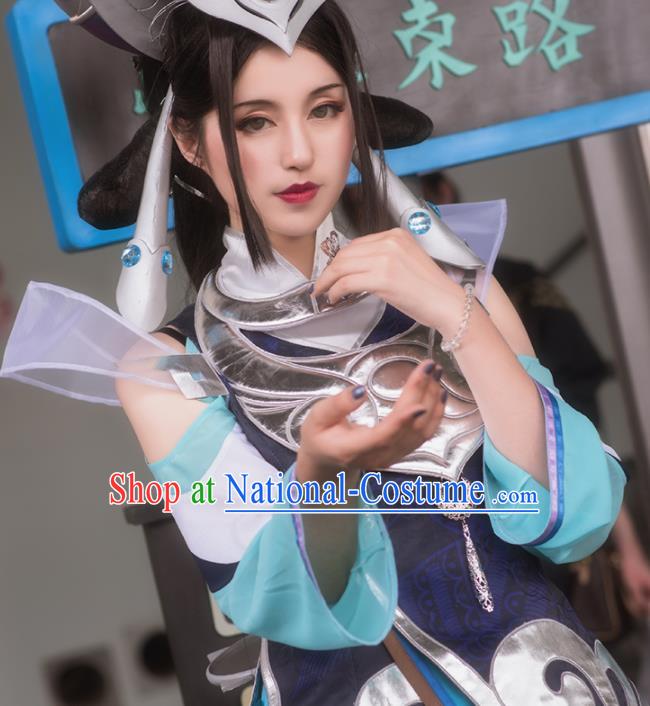 Chinese Cosplay Game Fairy Swordswoman Deep Blue Dress Traditional Ancient Female Knight Costume for Women