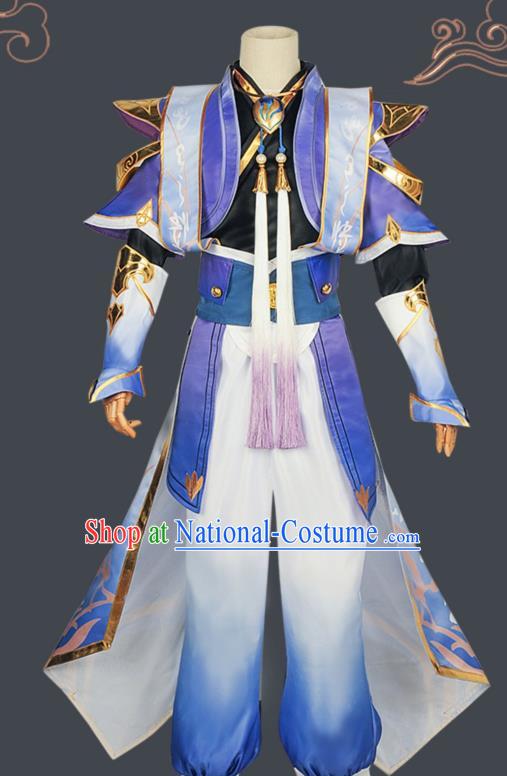 Chinese Cosplay Swordsman Blue Hanfu Clothing Traditional Ancient Knight Costume for Men