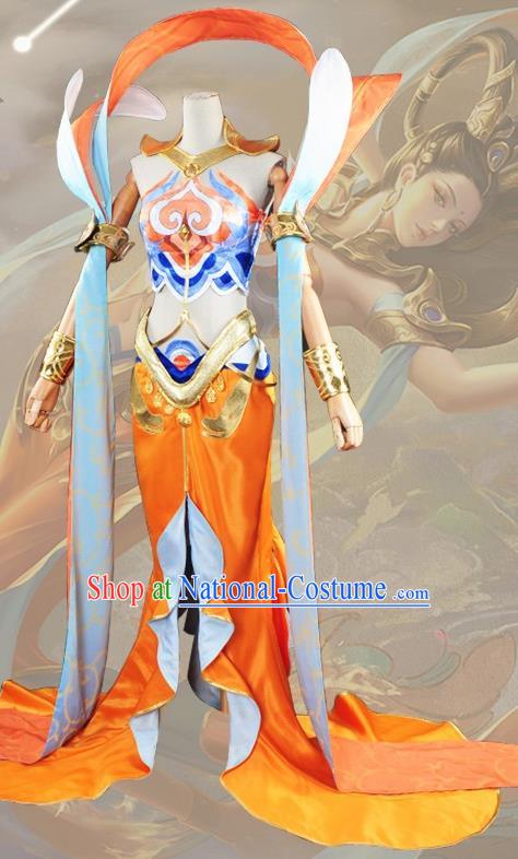 Chinese Cosplay Game Fairy Princess Orange Dress Traditional Ancient Female Swordsman Costume for Women