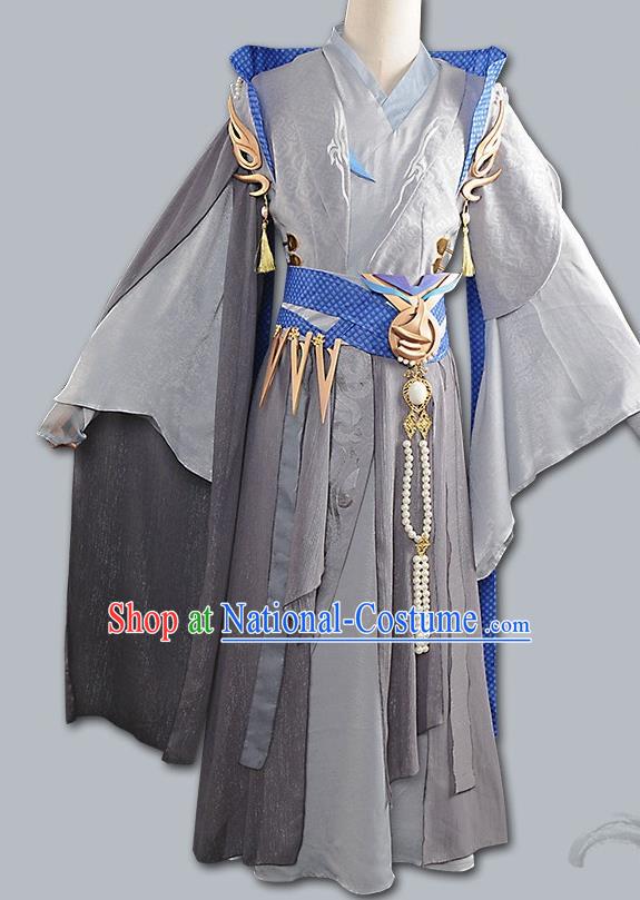 Chinese Cosplay Swordsman Grey Hanfu Clothing Traditional Ancient Knight Costume for Men