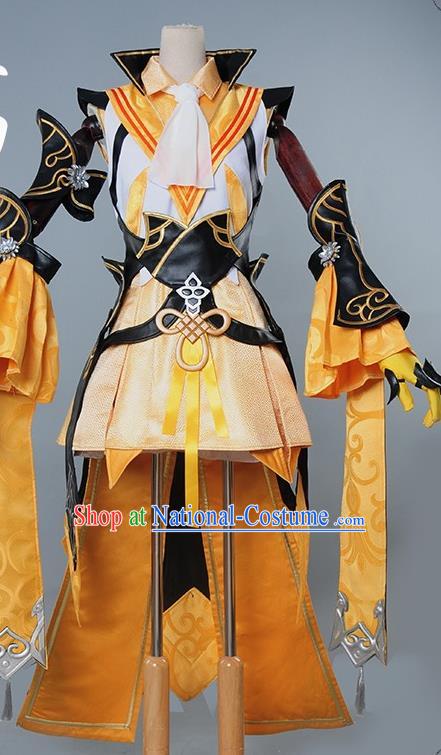 Chinese Cosplay Game Fairy Golden Dress Traditional Ancient Female Swordsman Costume for Women