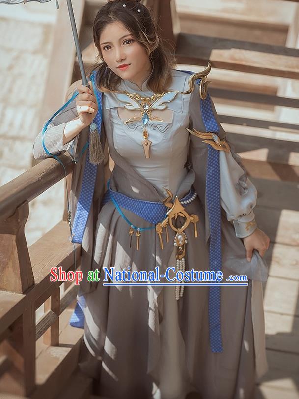 Chinese Cosplay Game Fairy Princess Grey Dress Traditional Ancient Female Swordsman Costume for Women