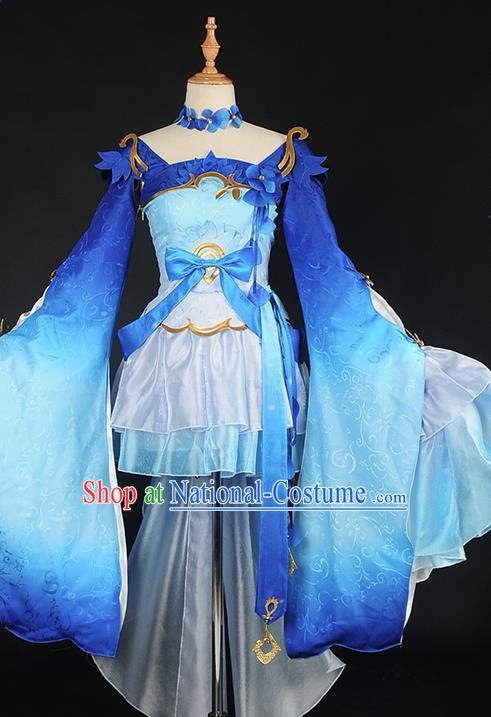 Chinese Cosplay Game Fairy Deep Blue Dress Traditional Ancient Swordsman Costume for Women