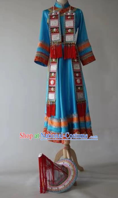 Chinese Yugu Ethnic Stage Show Costumes Traditional Nationality Folk Dance Blue Dress for Women