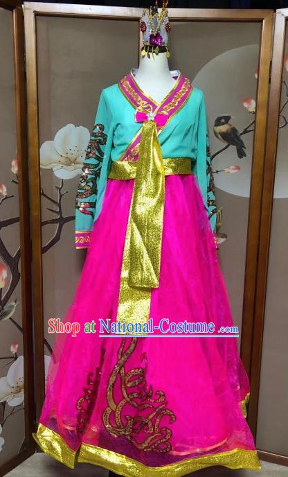 Chinese Korean Ethnic Stage Show Costumes Traditional Nationality Folk Dance Rosy Dress for Women