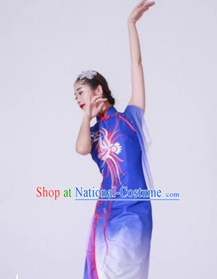 Chinese Classical Dance Blue Dress Traditional Fan Dance Stage Show Costume for Women