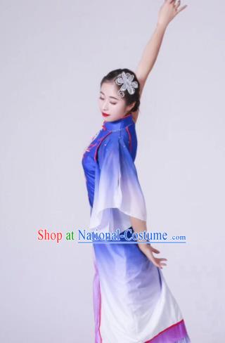 Chinese Classical Dance Blue Dress Traditional Fan Dance Stage Show Costume for Women