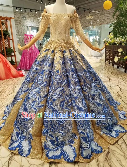 Custom Chorus Embroidered Blue Full Dress Wedding Bride Costumes Top Grade Bridal Gown for Women