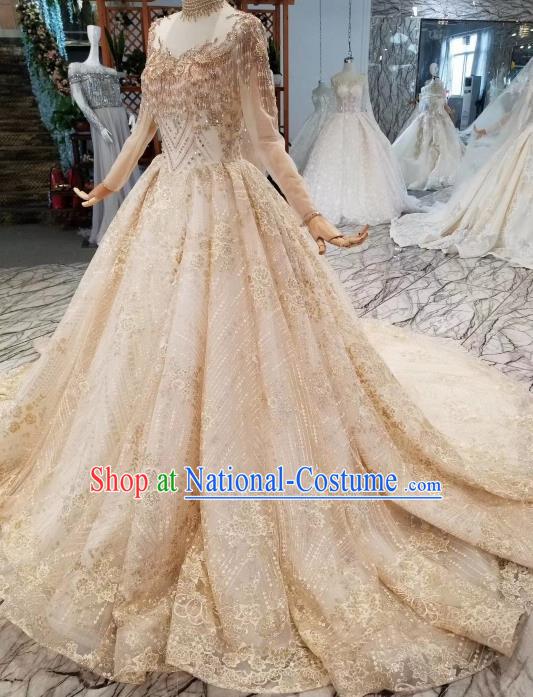 Custom Compere Embroidered Champagne Trailing Full Dress Wedding Bride Costumes Top Grade Bridal Gown for Women