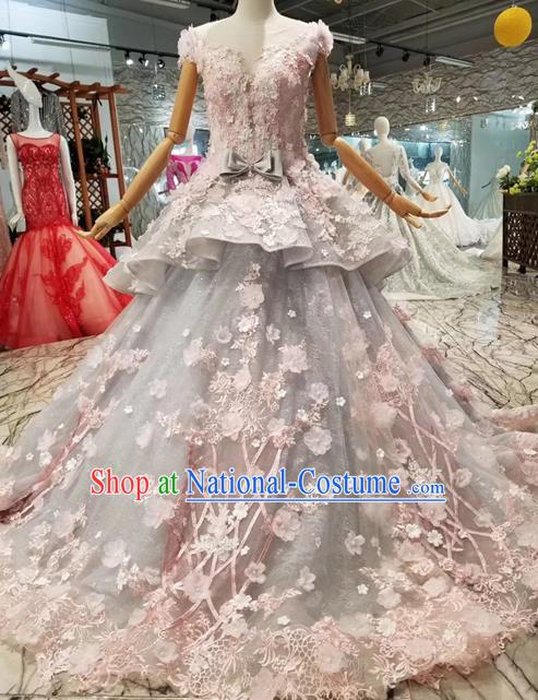 Custom Compere Embroidered Grey Trailing Full Dress Wedding Bride Costumes Top Grade Bridal Gown for Women