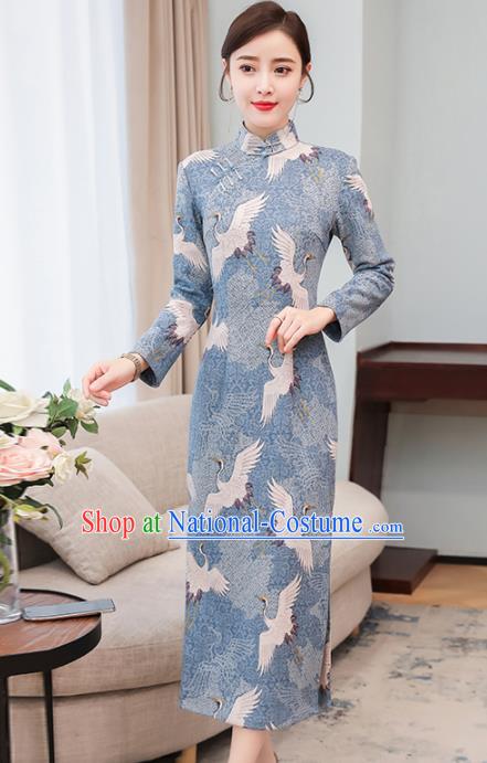 Chinese Traditional Printing Crane Light Blue Long Cheongsam Costume China National Qipao Dress for Women