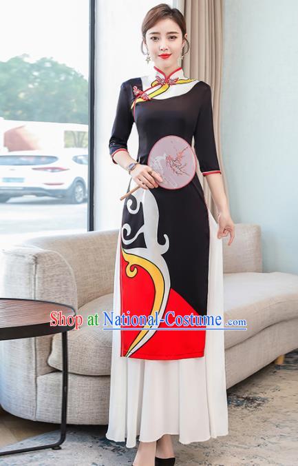 Vietnamese Traditional Printing Costume Asian Vietnam Black Ao Dai Dress for Women